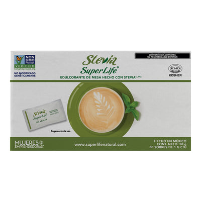 Stevia Super Life® sin azúcar 1g c/u, Presentaciones de 50 y 300 sobres
