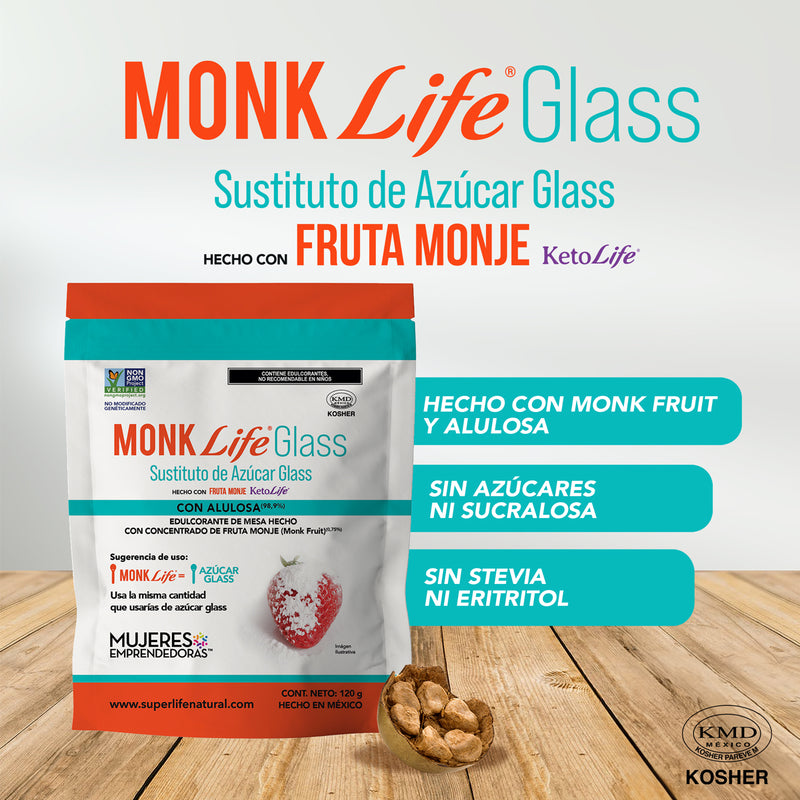 Monk Life Glass, sustituto de azúcar glass sin azúcares, presentaciones de 120g y 1kg