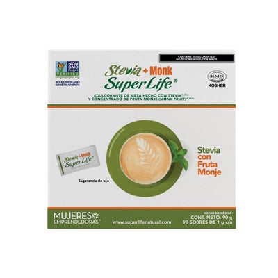Super Life® Stevia + Monk sin azúcar sobres de 1g c/u, Presentaciones de 30, 90 y 150 sobres