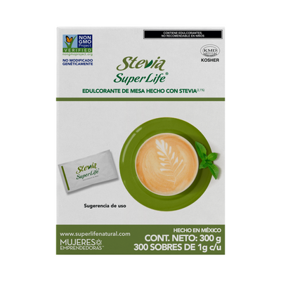 Stevia Super Life® sin azúcar 1g c/u, Presentaciones de 50 y 300 sobres