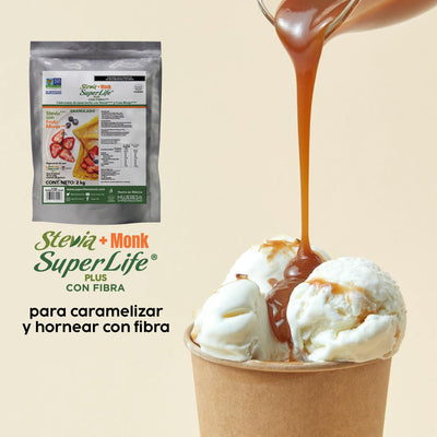 Stevia Super Life® Plus 2 kg con fibra soluble a granel, con Fruta del Monje, endulza el doble que el azúcar.