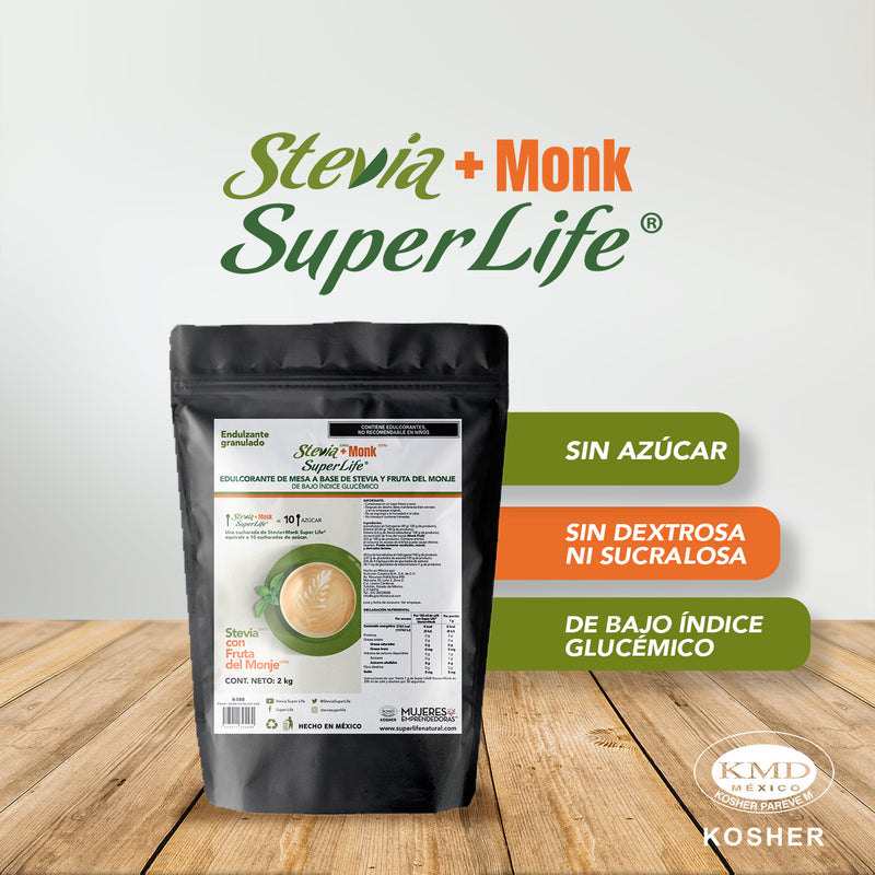 Stevia Super Life® Plus 2 kg con fibra soluble a granel, con Fruta del Monje, endulza el doble que el azúcar.