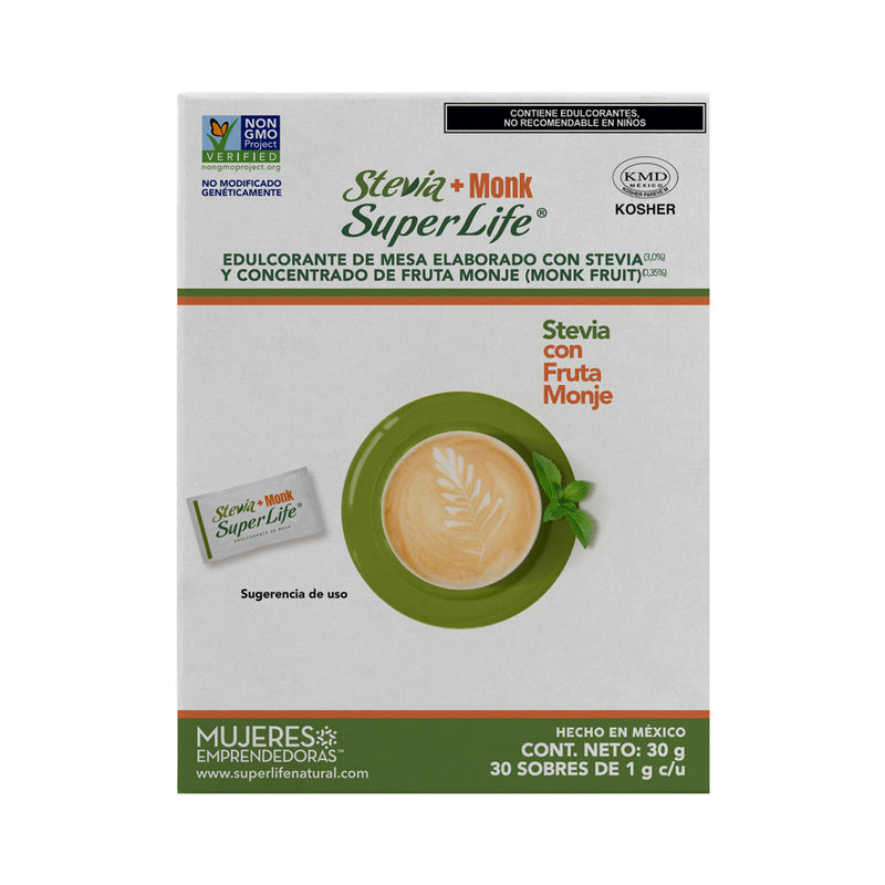Super Life® Stevia + Monk sin azúcar sobres de 1g c/u, Presentaciones de 30, 90 y 150 sobres