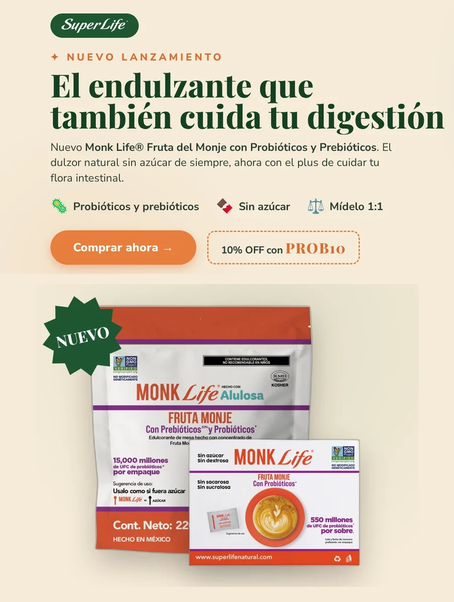 Nuevo Monk Life Fruta del Monje con Probióticos y Prebióticos. Sin azúcar, mídelo 1:1. 10% de descuento con el código PROB10.